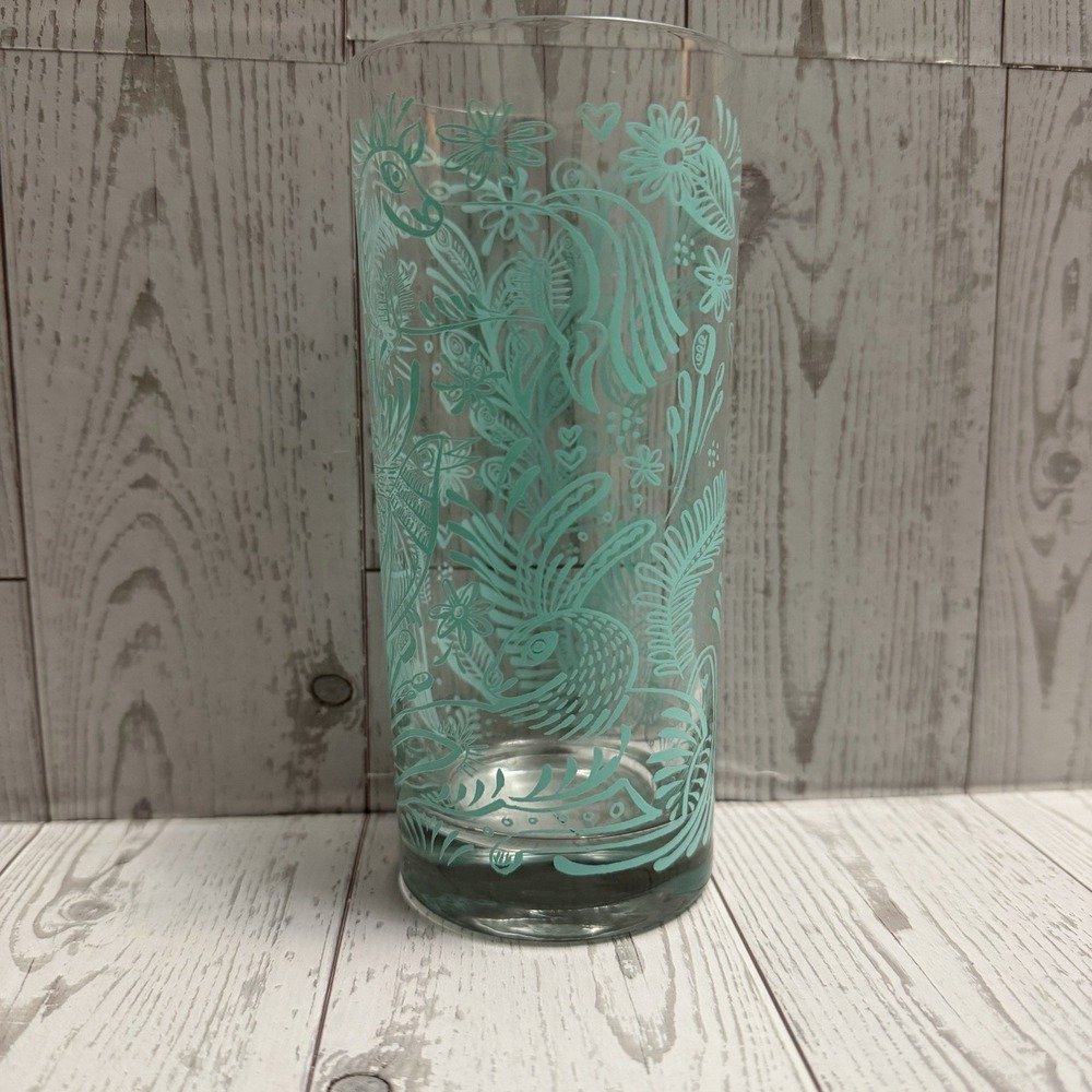 Anthropologie Serenta Glass‎ Tumbler Turquoise Animal Graphic Boho Cottagecore